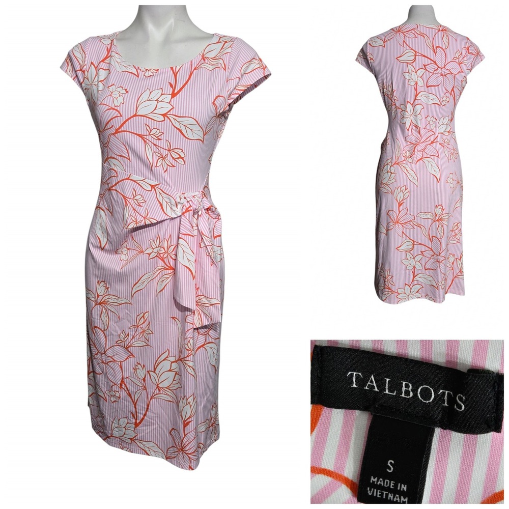 Talbots Pink White Seersucker Floral Side Tie Cap Sleeve Sheath Dress Small